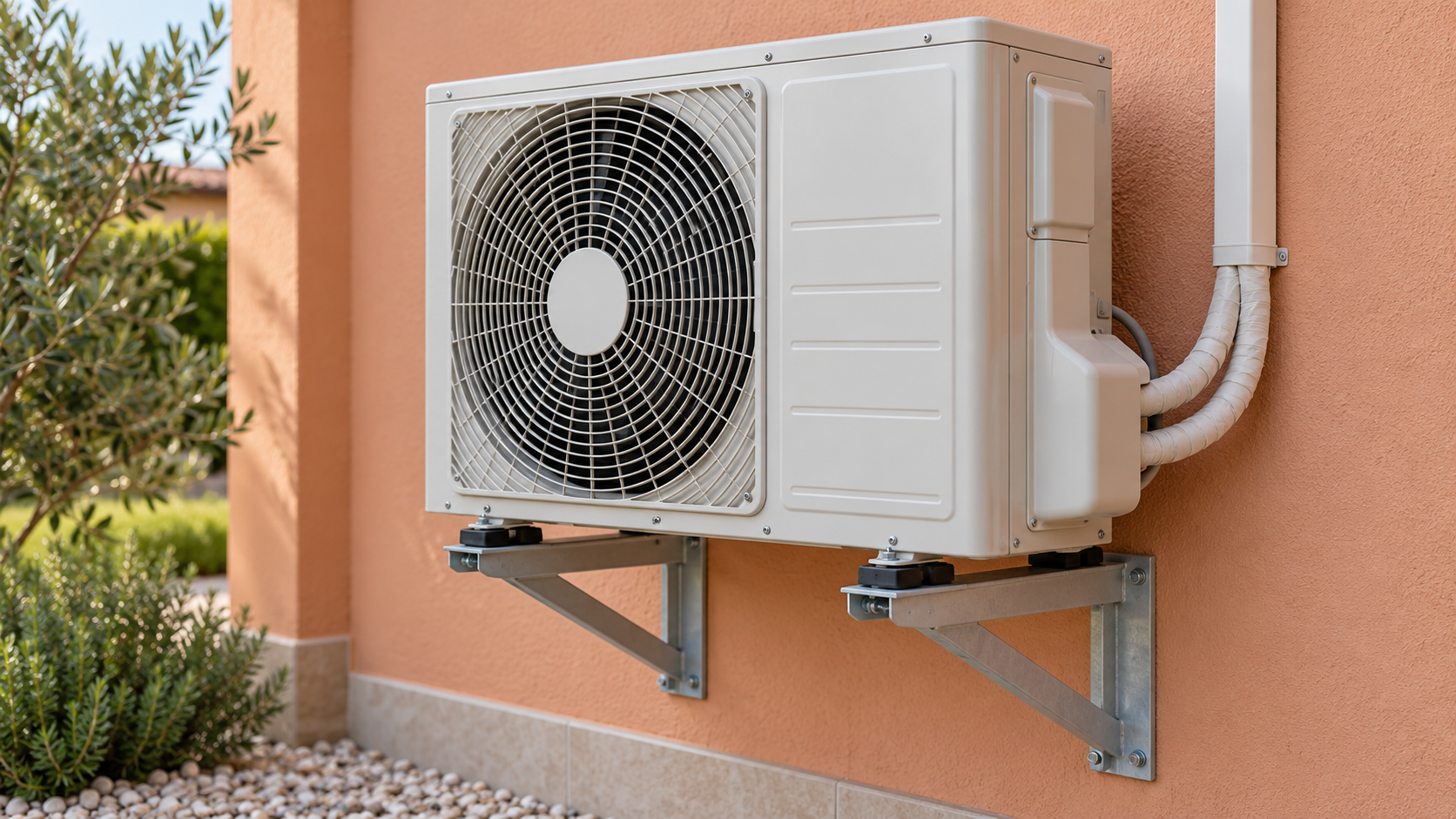 Unità esterna di un climatizzatore su staffe a parete con supporti antivibranti visibili