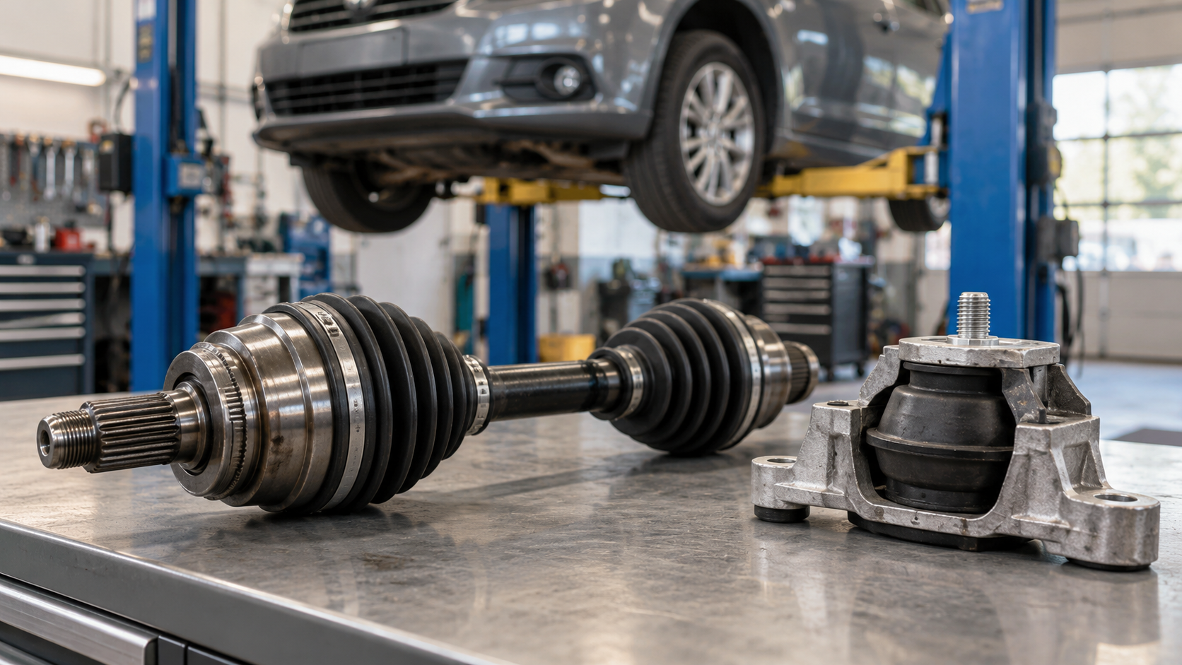 Semiasse con giunti e supporto motore su un banco da lavoro, con un’auto sollevata in officina sullo sfondo