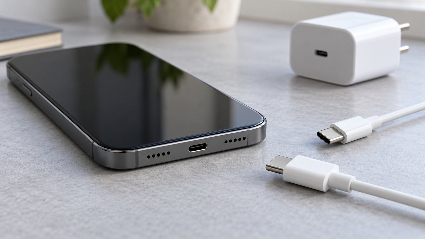 Smartphone con porta USB-C e schermo spento accanto a due cavi bianchi e un alimentatore su una scrivania