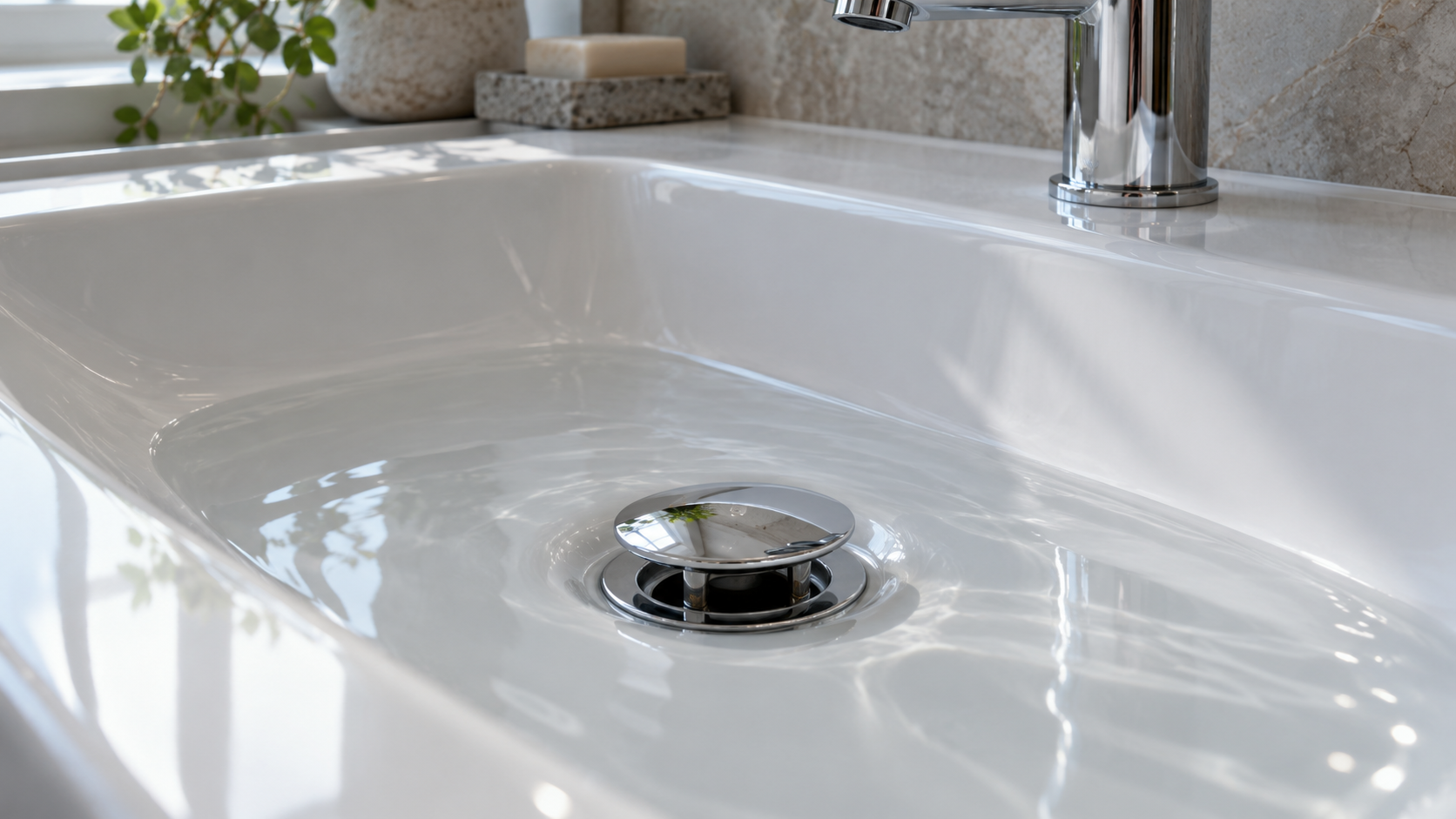 Lavabo bianco con un sottile accumulo di acqua attorno alla piletta cromata aperta